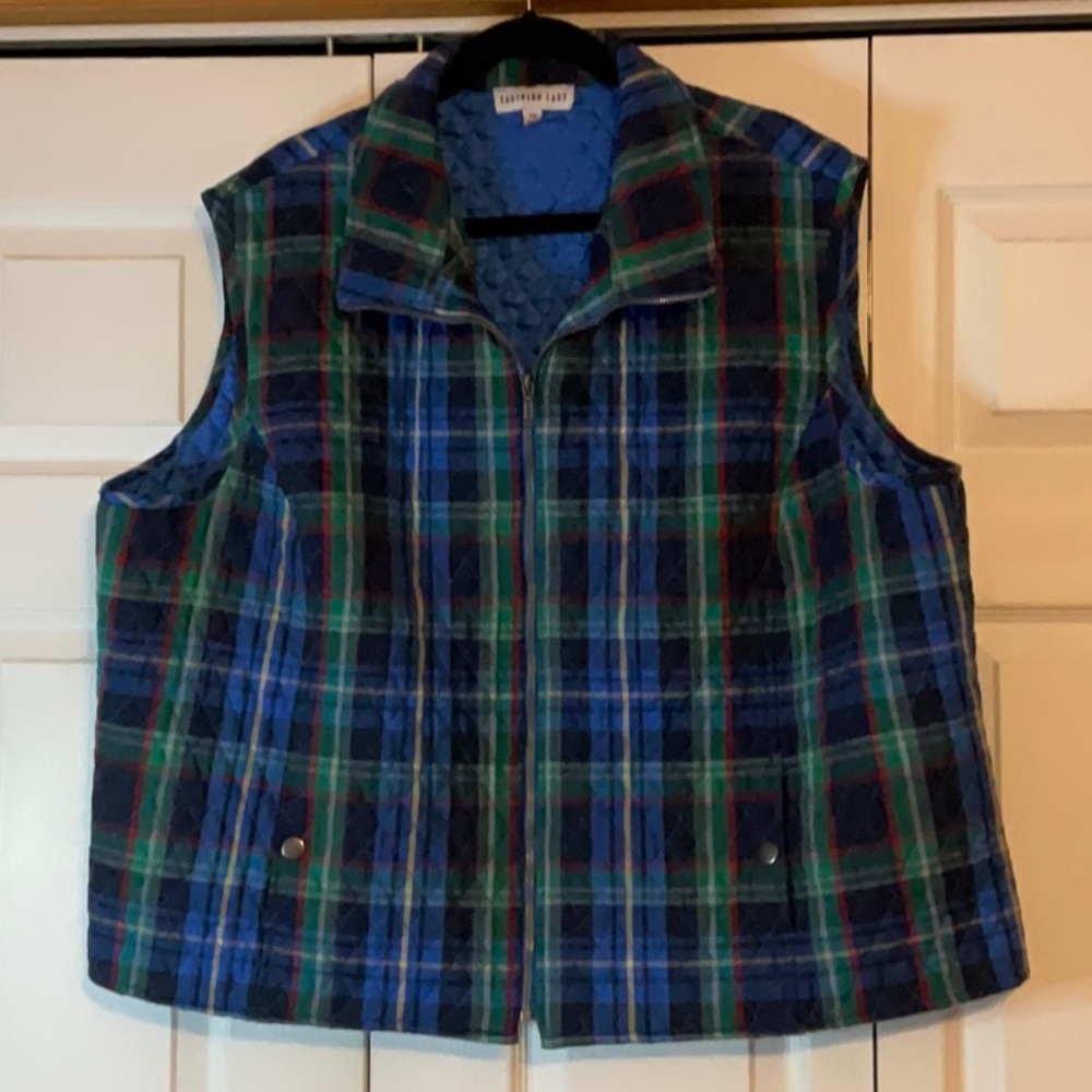Southern Lady Quilted Blue Green Plaid Vest Size‎ 3X